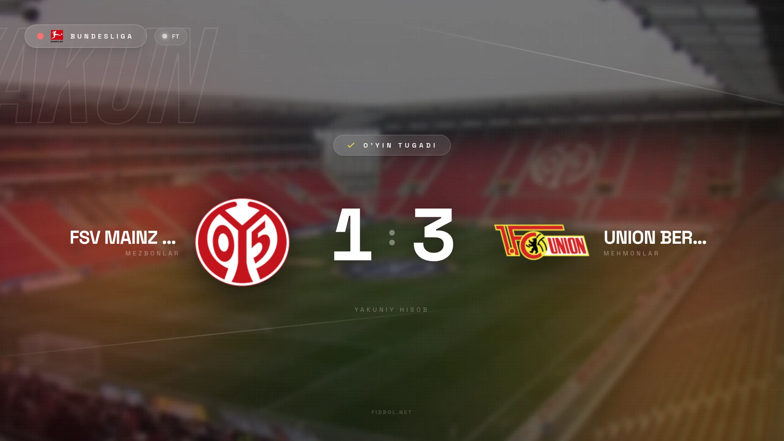 Bundesliga. Maynts Union Berlin ustidan mag'lub bo'ldi