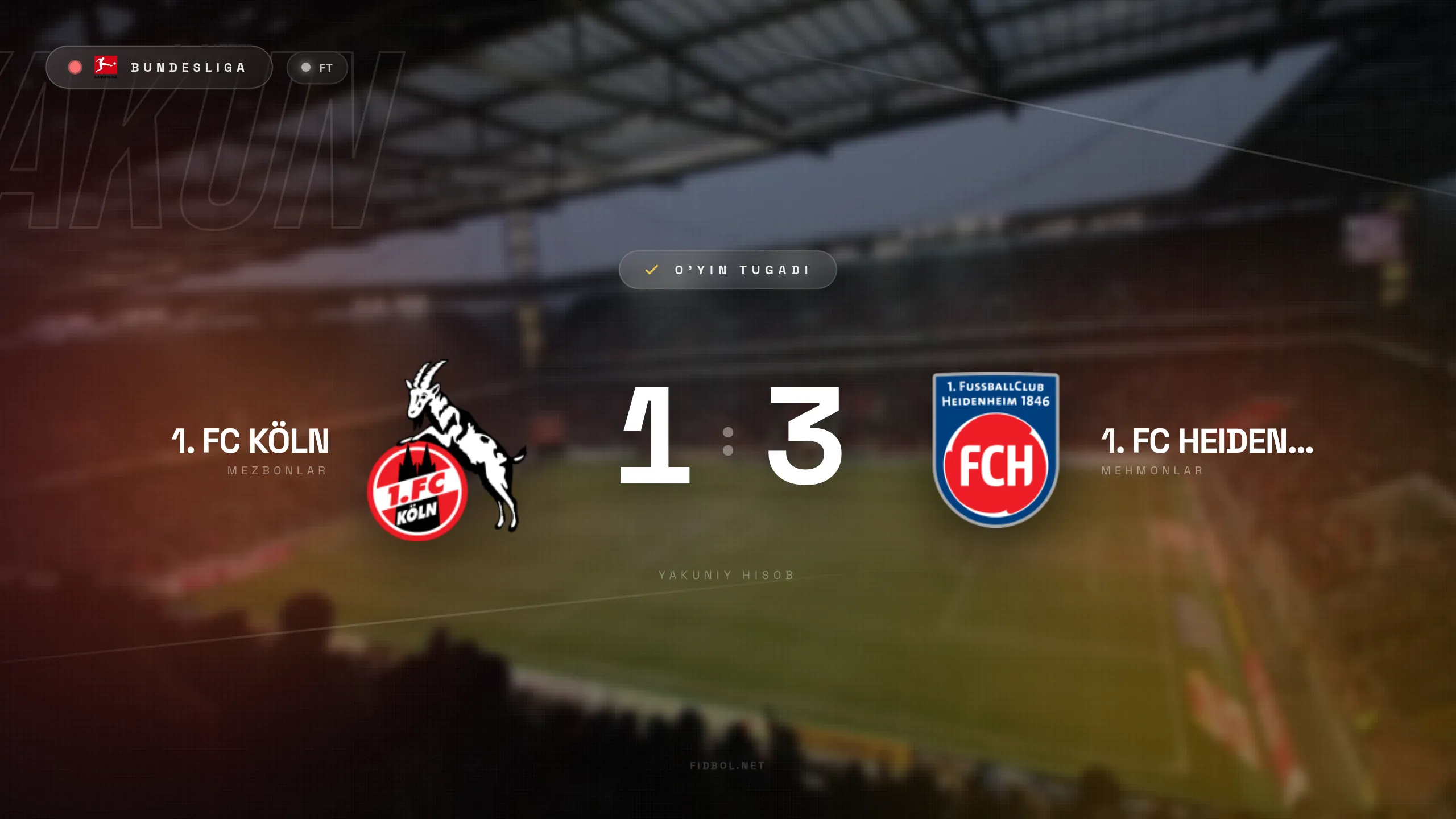 Bundesliga. Köln 1:3 Xaydenxaym ustidan mag'lub bo'ldi