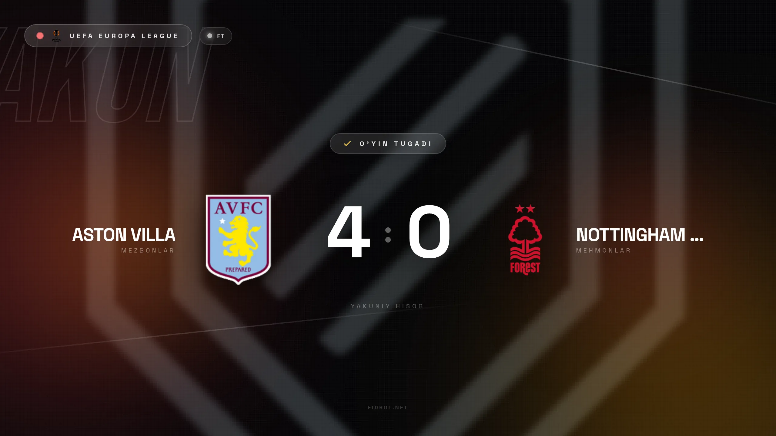 UEFA Yevropa Ligasi. Aston Villa Nottingem Forest ustidan g'alaba qozondi